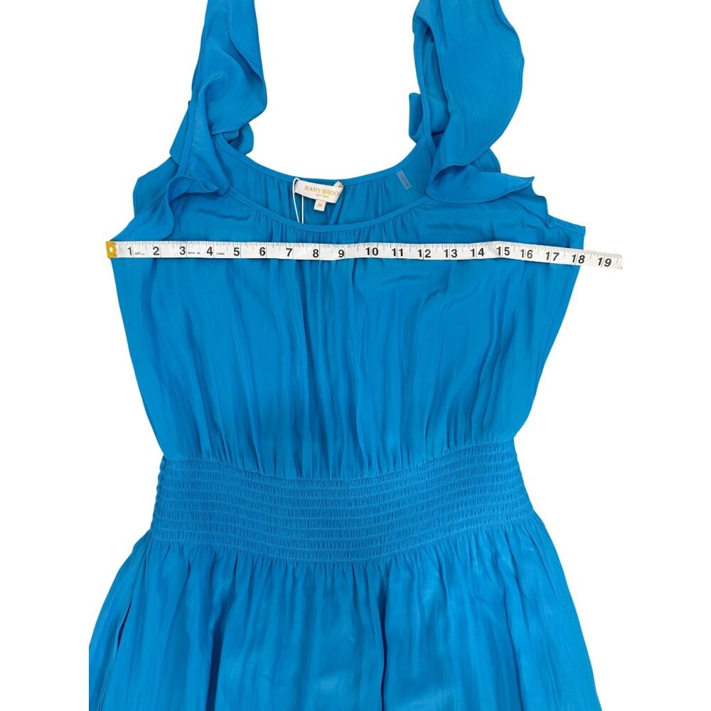 Ramy Brook Clementine Dress Blue Ruffle-Sleeve Smocked-Waist Womens Size M NEW - Picture 7 of 9